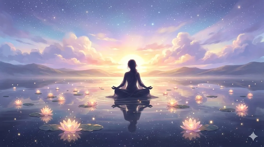 Медитирующая женщина у озера с лотосами на рассвете — символ внутреннего покоя и духовного пробуждения